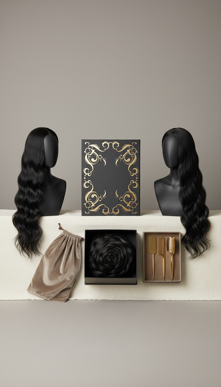 Long wavy human hair wig with velvet dust bag